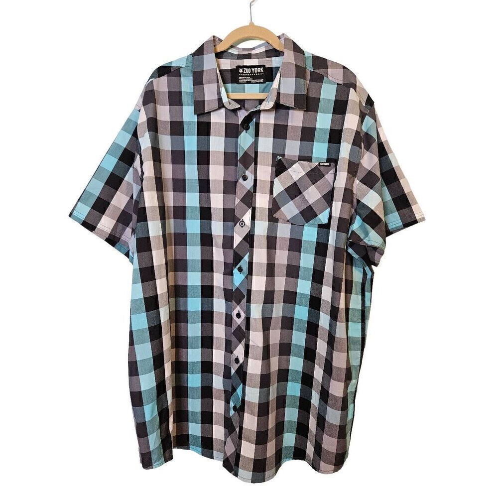 Zoo York unbreakable black/grey/blue large checkered button down short sleeved s